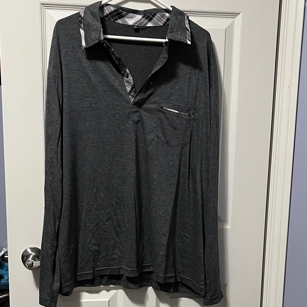 New Men's Long-Sleeve Dark Gray Plaid Collar Polo Shirt for Winter Office Wear